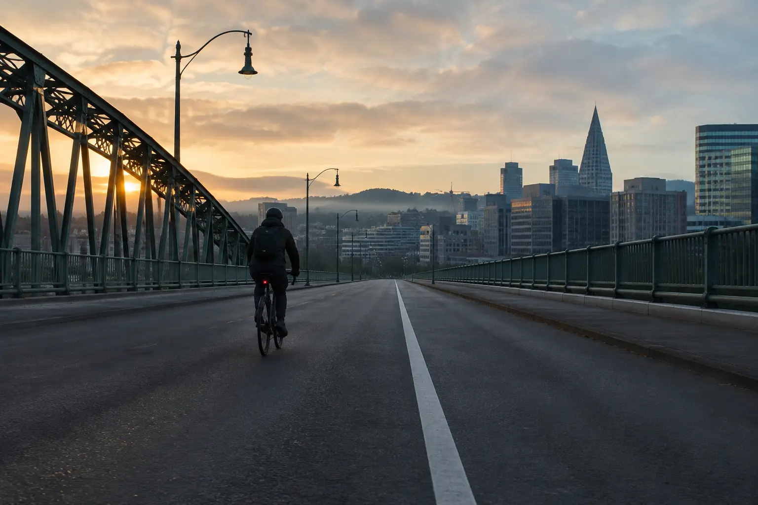 Real adult bicycle commuter crossing a quiet bridge at dawn beside a bright lane line